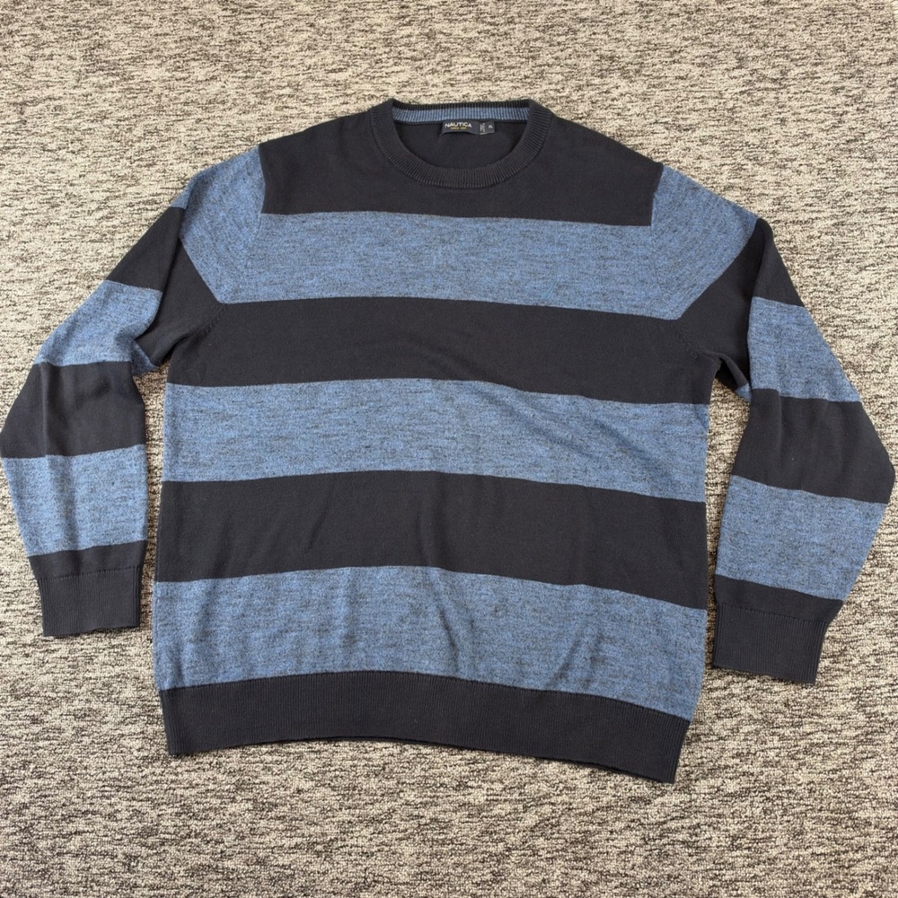 Nautica Mens XL Blue Black Striped Cotton Crewneck Sweater Pullover